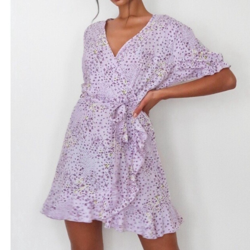 ✨🆕 Missguided Lilac Floral Tie Waist Ruffle Mini Dress - Wrap Style 🌸